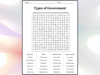 Types of Government Word Search Puzzle Worksheet Activity
