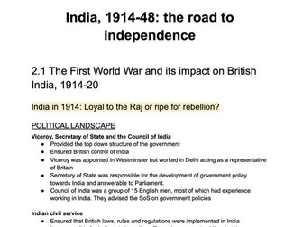 A-level Edexcel History - India, 1914-48: the road to independence condensed notes