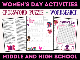 Women's Day Crossword Puzzle Word Search for Middle & High School Sub Plans