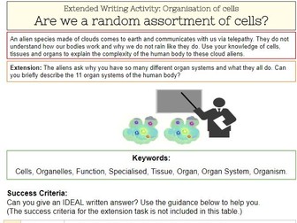 Cells to Organisms - Extended Writing Task (with Success Criteria and model answer)