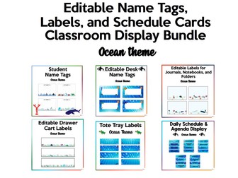 Editable Name Tags, Labels, and Agenda Display Reminders Ocean Theme Bundle