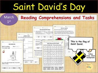 St. David's Day Reading Comprehension, Gap-filling/Cloze Worksheets, Jigsaw Puzzles, Word Search