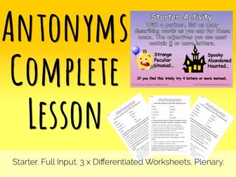 Antonyms KS2 - Complete KS2 Grammar Lesson - 3 Levels of Differentiated Worksheets + Full PowerPoint