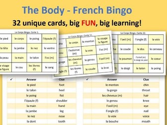 Parts of the Body: French Bingo