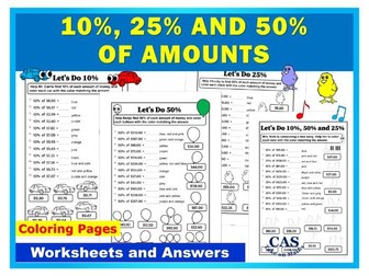 Practice Percentages & Coloring Pages - Calculating 10%, 25% & 50% of Amounts