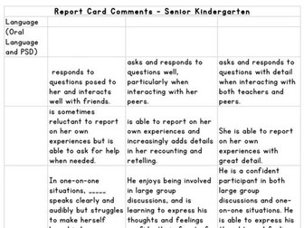 Report Card Comments: Sr. Kindergarten