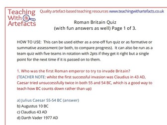 Roman Britain Topic quiz with teacher notes and some fun answers