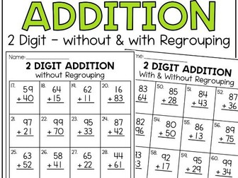 Double 2 Digit Addition with without Regrouping Math Worksheets 1st 2nd Grade
