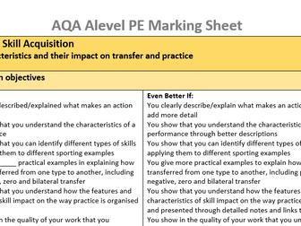 Alevel AQA PE (new specification) - Skill/Psychology marking sheets