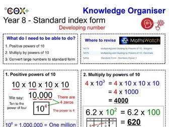 Maths Knowledge Organiser ( White Rose ) - Year 8 support  - Spring - Unit 11 - Standard index Form