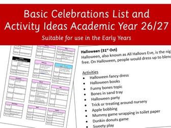 Basic Celebrations List and Activity Ideas Academic Year 26/27