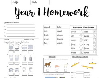 Year 1 Homework Phonics, maths, measurement, handwriting, 3 sheets