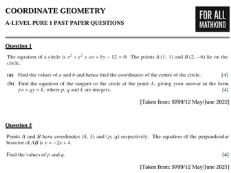 A-LEVEL 9709 MATHS PAST PAPER TOPIC QUESTIONS (COORDINATE GEOMETRY)