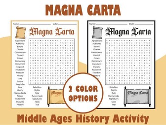 Magna Carta Word Search Puzzle | Middle Ages History Activity