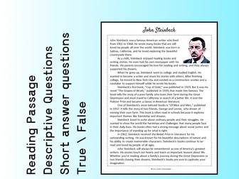 John Steinbeck Biography Reading Comprehension Passage Printable Worksheet PDF