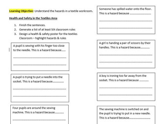 Textiles Health & Safety - Hazard Awareness Activity & Extension Task -Ideal starter lesson or COVER