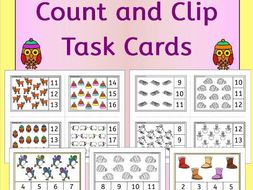 Winter Count and Clip - Kinder counting task cards with cute graphics for center