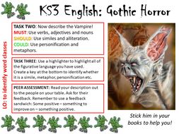 KS2/3 Word Class Task Card GOTHIC HORROR/WAR OF THE WORLDS - ENGLISH
