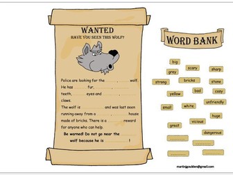 The Three Little Pigs - Adjectives - Wanted Poster - Editable - Traditional Tales