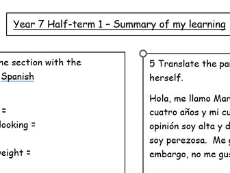 Y7 Viva 1 unit 1 summary worksheet