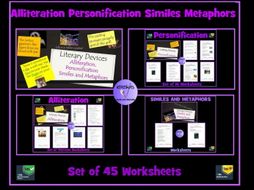 Similes, Metaphors, Personification, Alliteration : 45 Worksheets Bundle