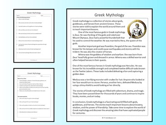 Greek Mythology Reading Comprehension Passage Printable Worksheet