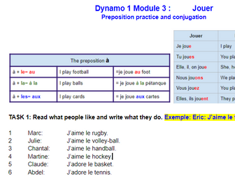 Dynamo 1 Module 3 worksheet to practise jouer à and conjugation