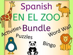 Spanish Zoo Animals Bundle - En El Zoo - Activities Puzzles Word Wall Bingo