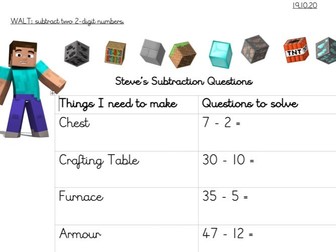 Minecraft subtraction fluency with a problem solving question. Year 2.