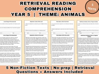Year 5 Retrieval Reading Comprehension Animals | 5 Non-Fiction Texts & Questions + Answers | KS2