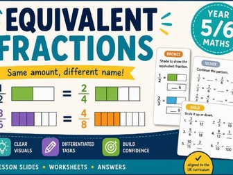 Equivalent Fractions Lesson (pptx)  & Differentiated Worksheet Pack | Year 5 Maths