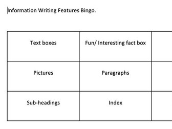 Information Text Features Bingo