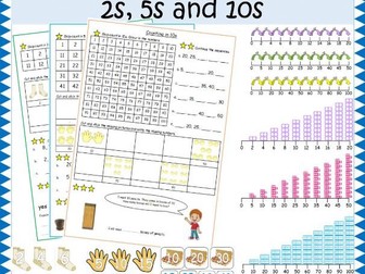 Year 1 Skip-counting 2s, 5s and 10s differentiated worksheets, display and activities