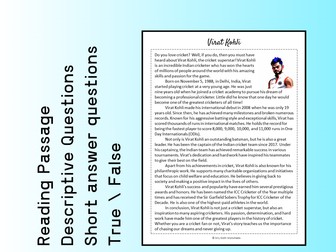 Virat Kohli Biography Reading Comprehension Passage Printable Worksheet PDF