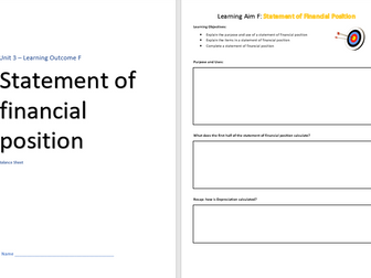 Unit 3 Finance - Balance Sheet Workbook