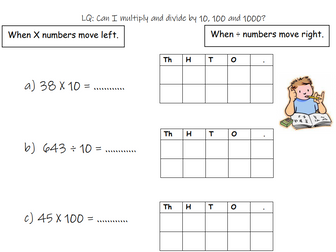 Dividing by 10 , 100 and 1000 editable worksheet