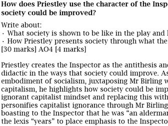 An Inspector Calls grade 9 essay - "Use of the Inspector to suggest societal improvements"