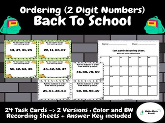 Ordering 2 Digit Numbers - Up to 100 | Task Cards+Answer Key | Back to School | First Grade
