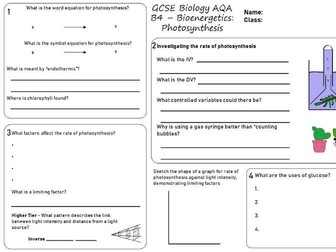 Photosynthesis revision sheet AQA GCSE - bioenergetics