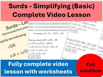 Surds (Basic Simplifying) - Complete Video lesson with worksheets