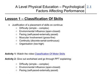 Skill Acquisition - Classification Of Skills Lesson Plan