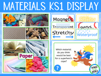 Everyday materials classroom science display Pack KS1 posters  title vocabulary