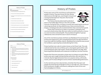 History of Pirates Reading Comprehension Passage Printable Worksheet