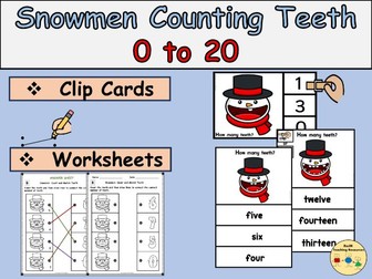 Counting 0 to 20 Snowmen Teeth Clip Cards Task Cards Worksheets Winter