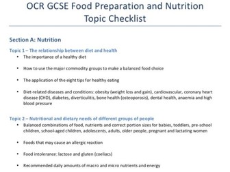 OCR GCSE Food Preparation and Nutrition - Topic Checklist
