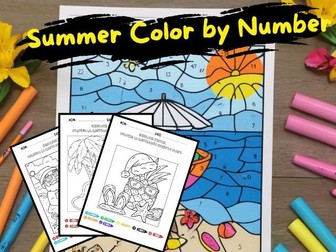 Summer Math Addition Color By Number: Beach Time Addition Worksheets in Spanish