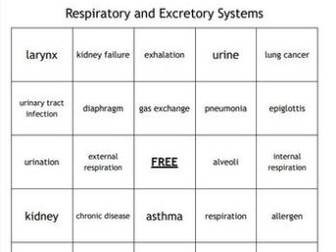 "Respiratory and Excretory Systems" Bingo for a Middle School Science Course
