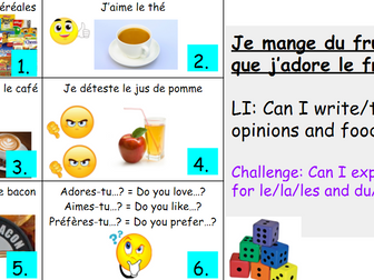 KS3 Year 7 8 9 French Food, drink, opinions: La nourriture *storytelling and GCSE skills/Quizlet...*