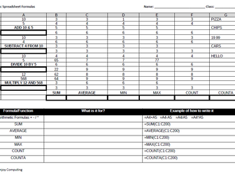 Basic Spreadsheet Formulas - Starter/Revision/Homework