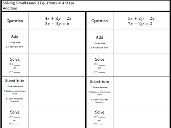 Solving Simultaneous Equations (Low) Scaffolded Worksheet